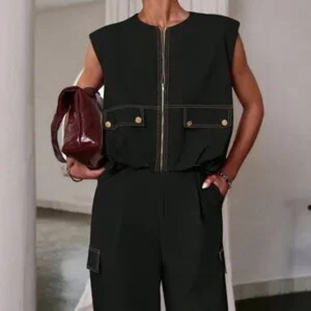 Black Casual Women's Zipper Sleeveless Top & Long Pants coord set - Picture 2 of 5